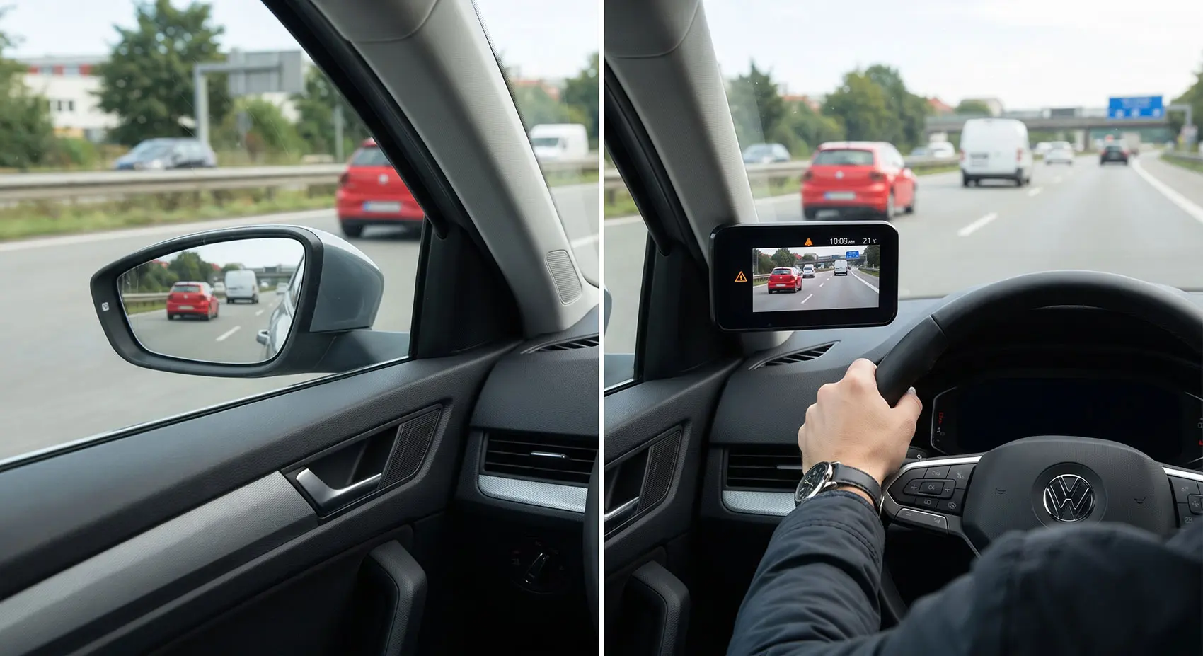 Smart digital side mirror display vs. the standard mirror for safer lane changes